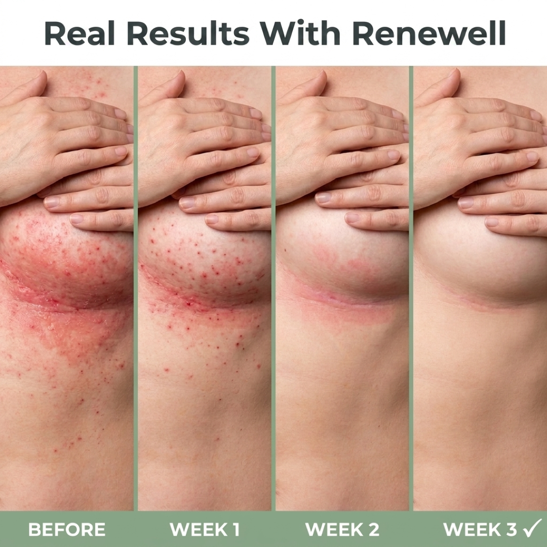 Renewell Intertrigo Care Cream visible results timeline with hands
