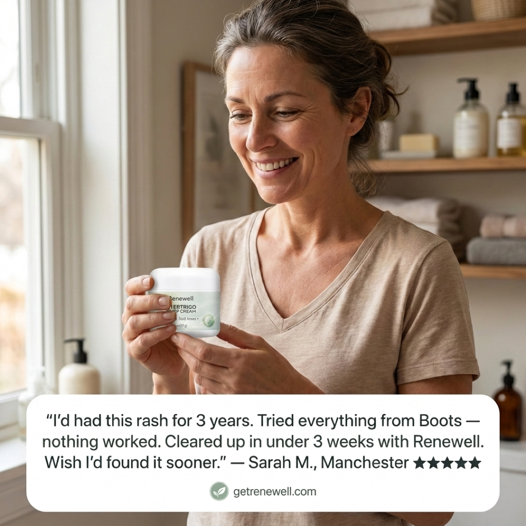 Customer testimonial holding Renewell Intertrigo Care Cream jar