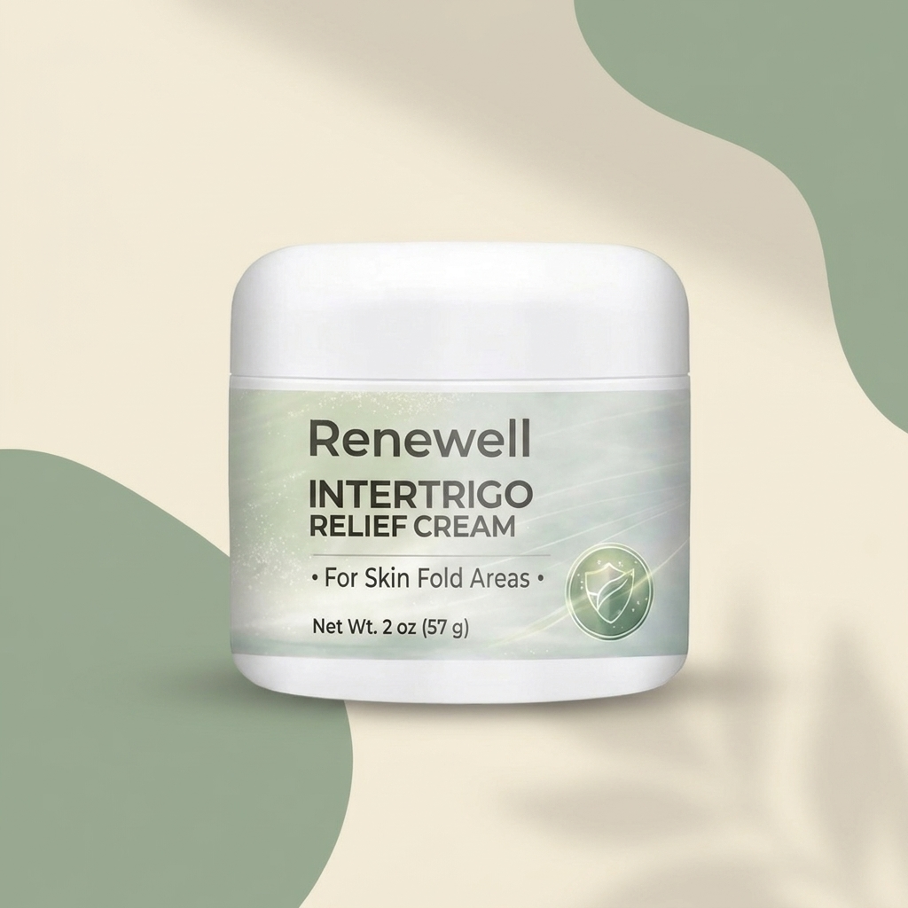 Renewell Intertrigo Care Cream shown as part of a clean, adult skin-fold care routine