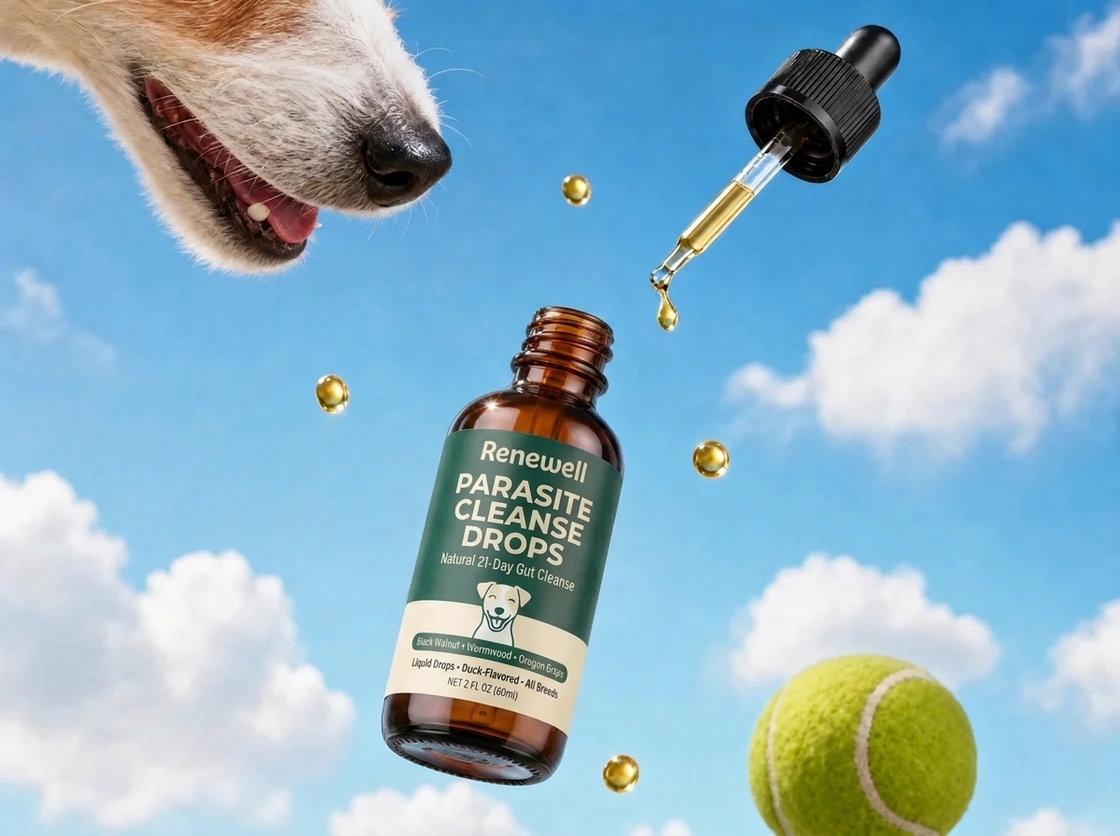 Renewell Parasite Cleanse Drops with a happy dog