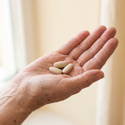 Three beige oval joint support tablets in an older woman’s hand