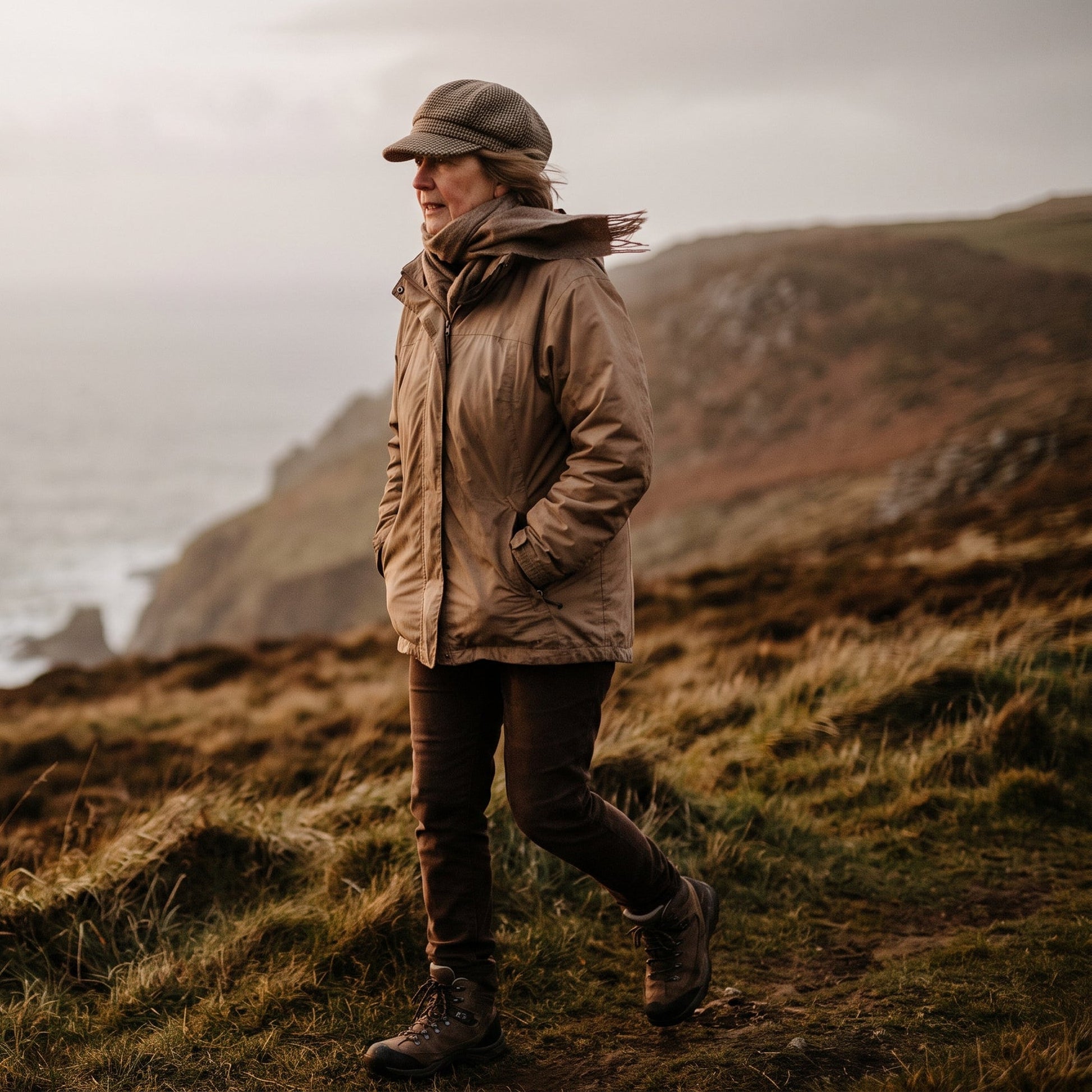 Older woman walking along British coastal cliffs